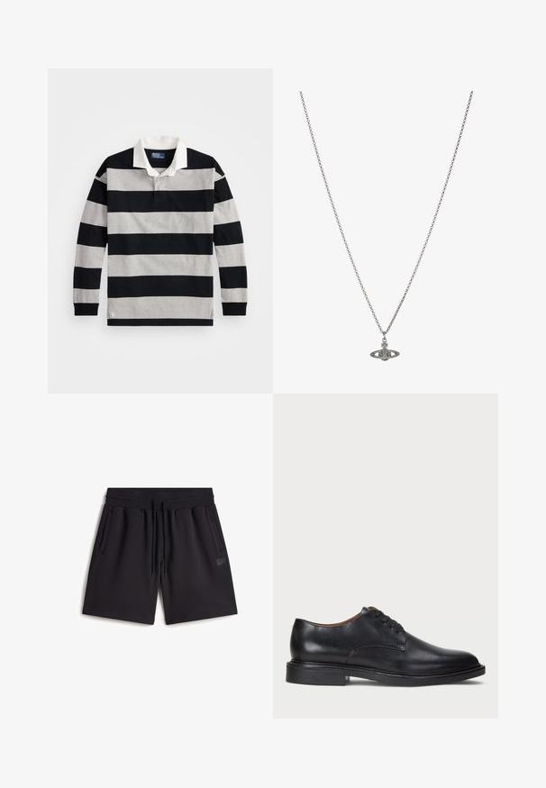 Svart och grårandig långärmad polo med vit krage och en liten logodetalj på nedre fållen. Mjuk bomullsmaterial.; Svarta svettshorts tillverkade av en bomullsblandning. Har en elastisk midja med dragsko, sidofickor och ett litet logopatch.; Svart läderklänningsko med rund tå, snörning och låg staplad klack. Slät yta med minimala sömdetaljer.; Silverkedja med hängsmycke i form av en planet, prydd med små detaljer och intrikata mönster.