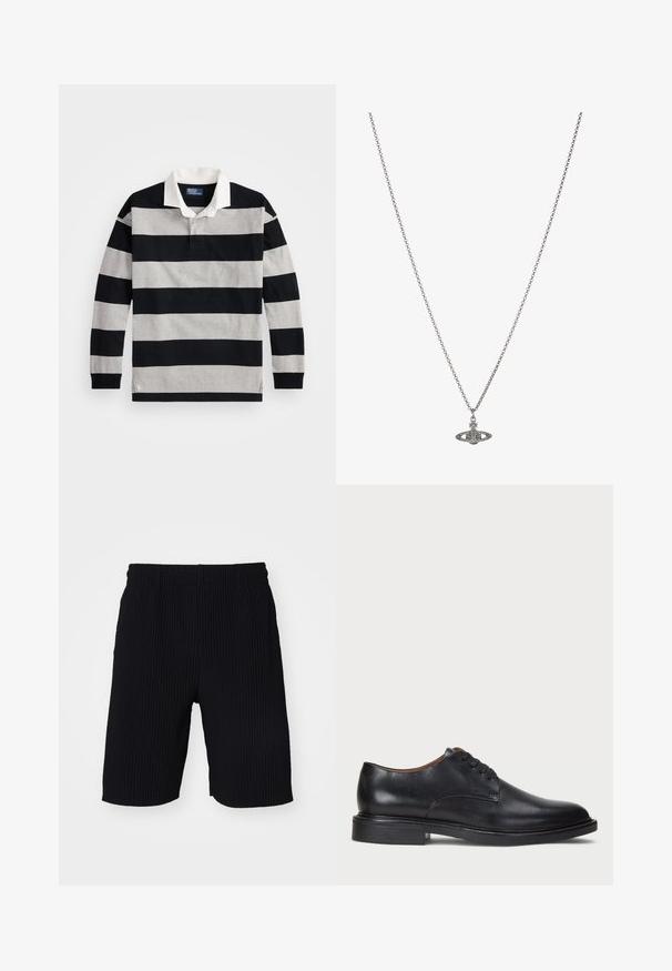 Polo cu mânecă lungă, în dungi negre și gri, cu un guler alb și un accent mic cu logo pe marginea de jos. Material moale din bumbac.; Only & Sons ONSASHER PLEATED PLISSEE - Pantaloni scurți - black; Pantofle din piele neagră cu vârful rotund, design cu șireturi și toc jos stratificat. Textură netedă cu detalii de cusătură minime.; Colier din argint cu un pandantiv detaliat în formă de planetă, împodobit cu accente mici și modele complicate.