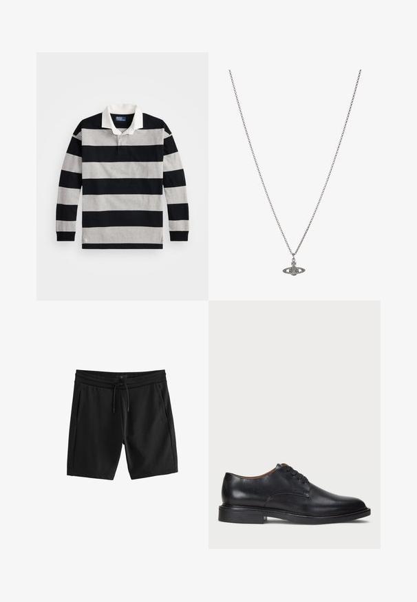 Crna i siva prugasta polo majica dugih rukava s bijelom kragnom i malim logotipom na donjem rubu. Mekani pamučni materijal.; Crne sportske kratke hlače napravljene od meke pamučne mješavine, sa elastičnim pojasom i vezicom, te dva bočna džepa.; Crne kožne cipele s okruglim vrhom, vezanjem i niskim stogom. Glatka tekstura s minimalnim šavovima.; Srebrna ogrlica s lancem koja sadrži detaljan privjesak u obliku planete, ukrašen malim akcentima i složenim uzorcima.
