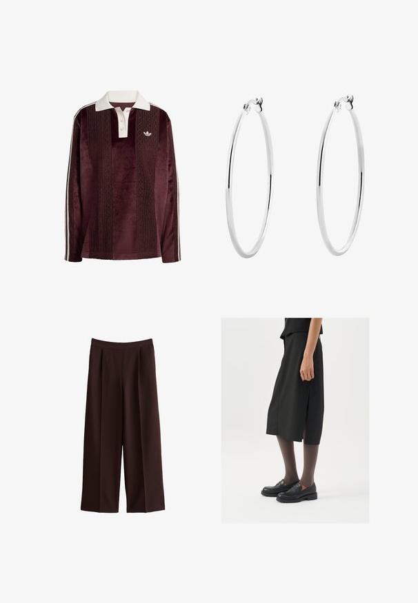 Long-sleeve maroon velour polo shirt with white collar, button placket, textured vertical stripes, Adidas logo, and white side stripes.; Wide-leg brown trousers featuring a smooth, lightweight fabric with pleat detailing and an elastic waistband for comfort.; Black knee-length skirt with side slit, paired with black loafers and sheer brown tights, featuring a smooth fabric and simple design.; Silver hoop earrings with a smooth, polished surface and a thin, circular shape. The design features a secure clasp.
