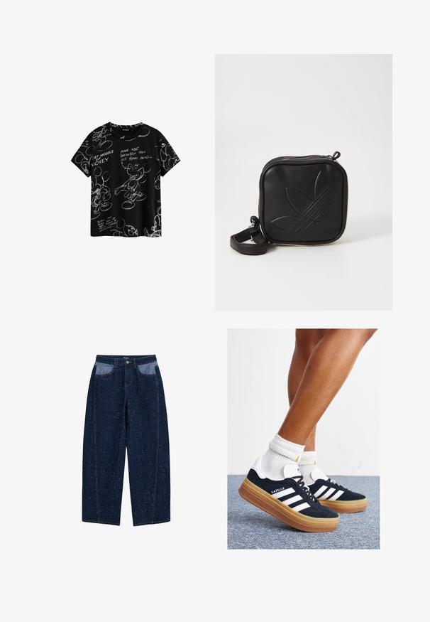 Czarna bawełniana koszulka z białymi szkicami Myszki Mickey, z nadrukowanym tekstem opisującym wyrażenia i elementy wzornicze. Krótkie rękawy, okrągły dekolt.; Ciemnoniebieskie dżinsy typu wide-leg z fakturą w kropki, dwiema przednimi kieszeniami z kontrastującym jaśniejszym materiałem oraz widocznymi detalami szwów.; Czarne zamszowe trampki z białymi paskami i akcentami, zaokrąglonym noskiem, gumową podeszwą w kolorze jasno-brązowym, zestawione z białymi żebrowanymi skarpetkami do kostki.; Czarna torba na ramię wykonana z teksturowanego materiału syntetycznego. Posiada wytłoczone logo oraz regulowany pasek. Zamek błyskawiczny.