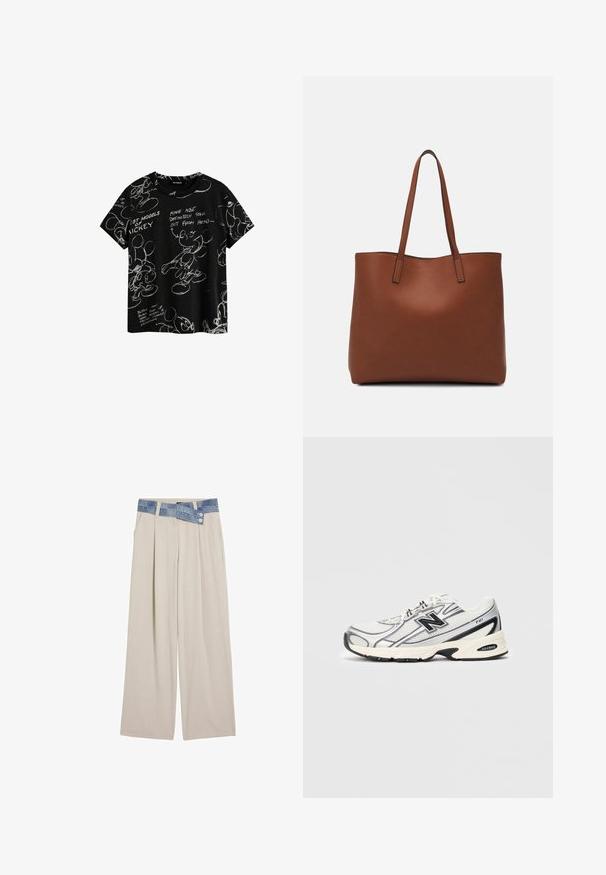 Čierne bavlnené tričko s bielymi nákresmi Mickey Mouse, s potlačeným textom popisujúcim výrazy a dizajnové prvky. Krátke rukávy, okrúhly výstrih.; Svetlo béžové široké nohavice s denimovým pásom a dvoma gombíkmi, s detailami plisovania na prednej strane. Hladká textúra a voľný strih.; Biele a šedé atletické tenisky s čiernym logom "N", sieťovaným zvrškom, polstrovanou podrážkou a šnurovacím dizajnom, zobrazené na jednoduchom svetlo šedom pozadí.; Hnedá kožená taška na rameno s hladkou textúrou, otvoreným vrchom a dvoma ramenými popruhmi. Má minimálne šitia a žiadne viditeľné kovania.