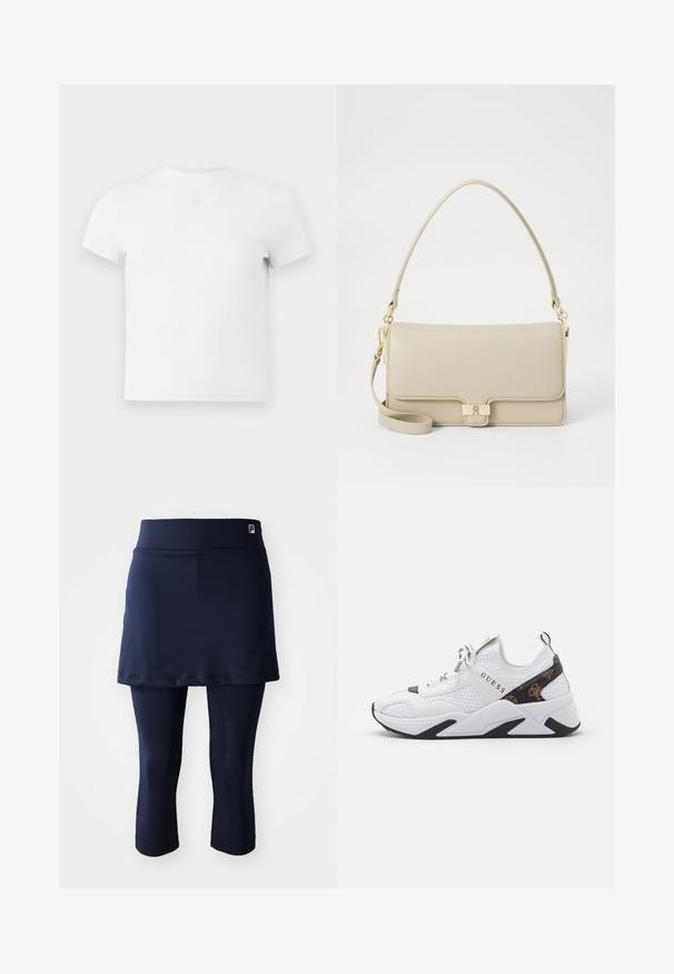 T-shirt branca de manga curta, com decote redondo, feita de algodão suave. Apresenta um detalhe discreto do logotipo no centro do peito. Textura suave.; Saia atlética em azul-marinho com leggings capri ajustadas. Feita de tecido suave, apresenta uma cinta larga e um pequeno logotipo na cintura.; Sapatilha branca com materiais em malha e sintéticos, apresentando detalhes em preto e castanho, laterais texturizadas e um logótipo proeminente. Sola de borracha.; Bolsa de mão em couro bege com uma forma estruturada, fecho em metal dourado e alça de ombro destacável. Textura suave e design minimalista.