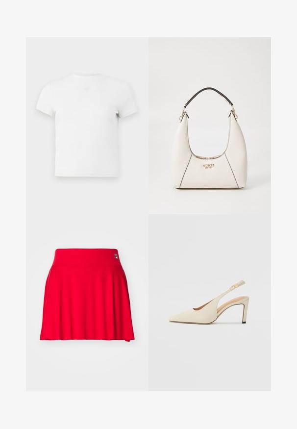 Tricou alb cu mânecă scurtă, guler rotund, realizat din bumbac moale. Are un detaliu discret cu un logo în centrul pieptului. Textură netedă.; Fustă roșie, până la genunchi, fabricată dintr-un material elastic cu o textură fină. Prezintă un talie lată și un design evazat. Logo-ul brandului se află pe talie.; Pantofi cu toc slingback din piele bej, cu vârf ascuțit, design cu laturi deschise și toc înalt subțire. Prezintă un accent auriu pe curea.; Geantă albă texturată cu o siluetă curbată, accente negre, logo auriu și o mână scurtă. Dispune de o închidere cu fermoar și detalii din metal.