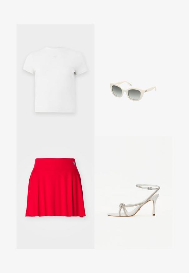 Tricou alb cu mânecă scurtă, guler rotund, realizat din bumbac moale. Are un detaliu discret cu un logo în centrul pieptului. Textură netedă.; Fustă roșie, până la genunchi, fabricată dintr-un material elastic cu o textură fină. Prezintă un talie lată și un design evazat. Logo-ul brandului se află pe talie.; Sandalie albe cu toc înalt, cu o curea texturată ce prezintă strasuri, design cu vârf deschis și curea pentru gleznă cu cataramă ajustabilă.; Ochelari de soare din plastic alb cu formă de ochi de pisică, lentile gri cu un gradient, brațe solide și detalii cu logo auriu pe lateral.