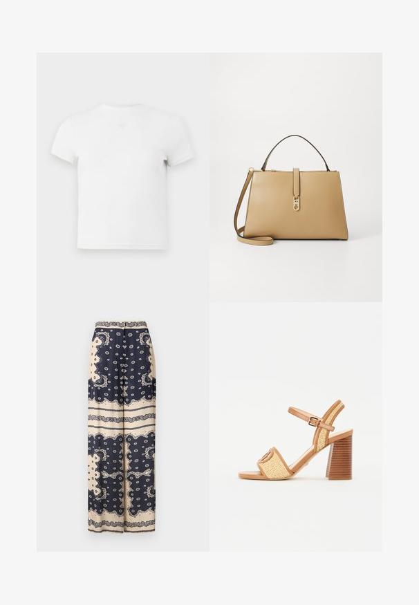 Hvid kortærmet T-shirt med rund hals, lavet af blød bomuld. Har et subtilt logo detalje i midten af brystet. Glat tekstur.; Lange, brede bukser i marineblå med cremede paisley-mønster; har en båndet talje og dekorative knapper foran. Glat stoftekstur.; Brune læder og vævede halmstrop hæle sandaler, med ankelrem, åbent tåparti og en chunky træagtig hæl med vandrette striber.; Tommy Hilfiger LIBRE SATCHEL - Håndtasker - safari