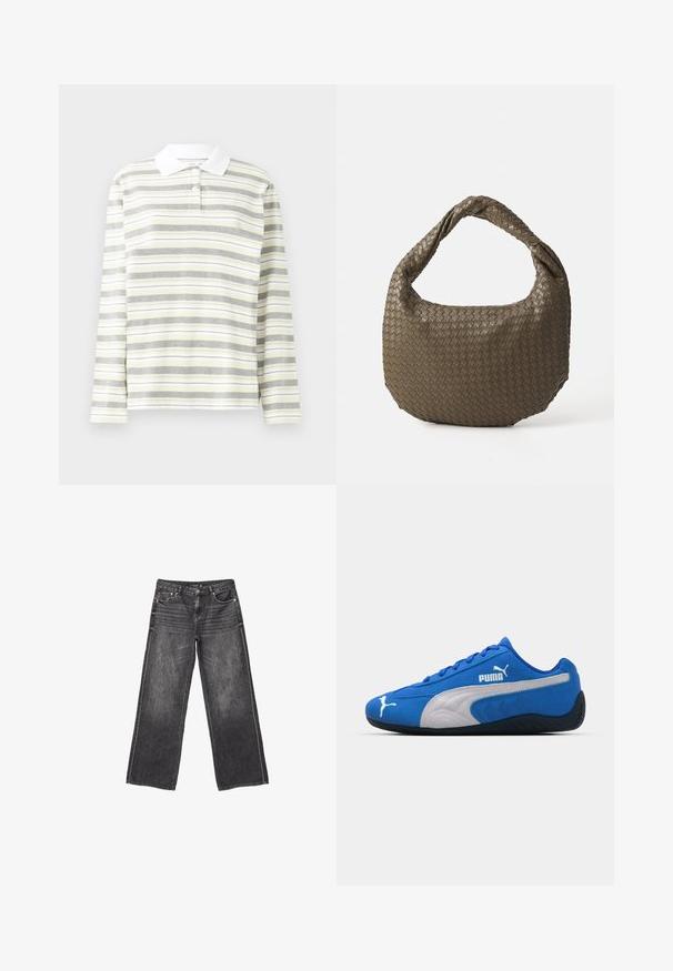 Langarm-Polohemd aus leichtem Baumwollgemisch, mit senkrechten, abwechselnden Streifen in Grau, Gelb und Weiß. Weißer Kragen und drei Knöpfe.; Dunkelgraue weite Jeans aus Denim mit Vorder- und Hintertaschen, Knopfverschluss und dezentem, ausgewaschenem Detail.; Blaue Sportschuhe mit einem Obermaterial aus Wildleder, ausgestattet mit einem weißen Seitenpanel und einer schwarzen Gummisohle. Enthält ein erhabenes PUMA-Logo an der Seite.; Geflochtene olivgrüne Handtasche mit runder Form und gedrehter Tragegriff. Strukturiert Oberfläche mit diagonaler Musterung. Reißverschlussverschluss.