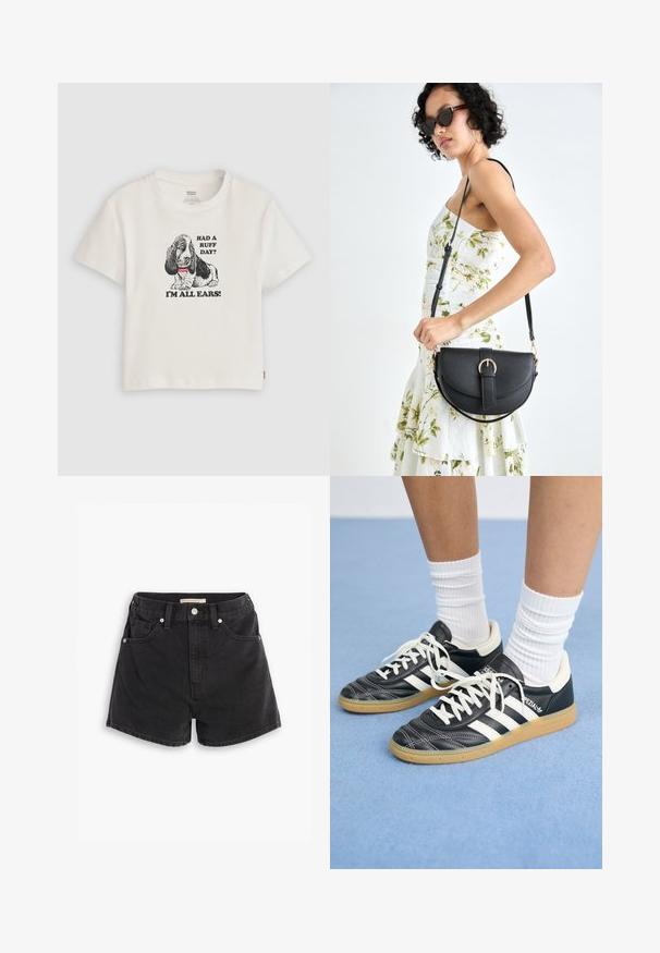 Bijela pamučna majica s crnim grafikom basset hounda i natpisom "IMAO TEŠAK DAN? SVE SLUŠAM!" u podebljanoj oznaci. Kratki rukavi.; Crni traper šorts s visokim strukom, koji ima dva prednja džepa, dva zadnja džepa i srebrne detalje. Glatka, blago izbljedjela tekstura.; Crne kožne atletike s bijelim trakama, okruglim prstima, bijelim vezicama i gumeni potplat. Naglašene jastučićem oko gležnja i detaljima s brandingom.; Crna kožna torba s lukovitim oblikom, odvojivim remenom i zlatnim detaljima. Torba ima preklop s kopčom.