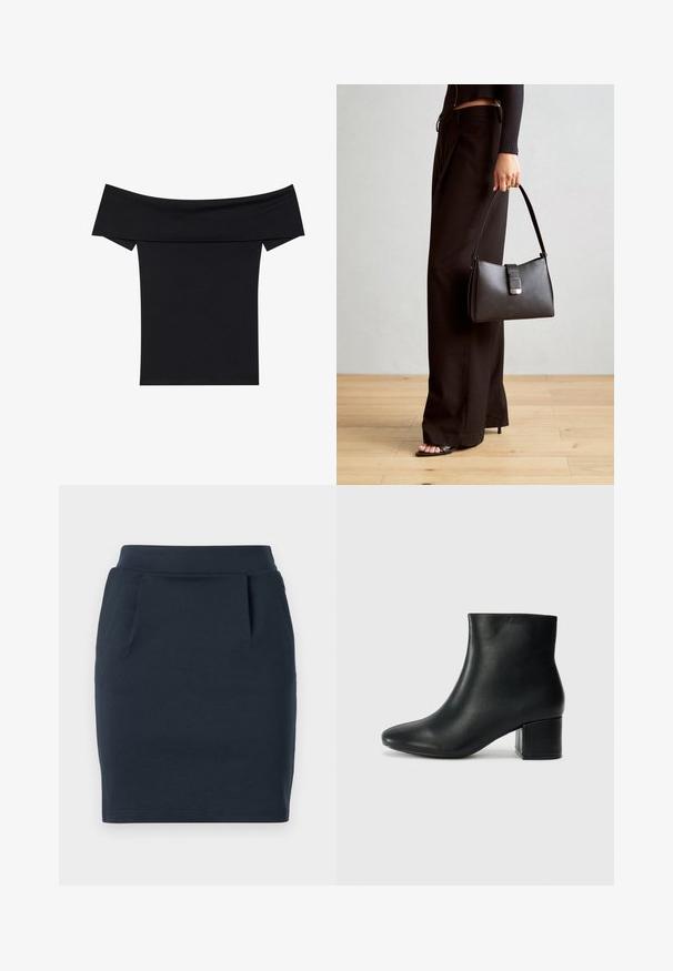 Melns topiņš bez pleciem, izgatavots no mīksta stiepjama materiāla. Iezīmēts ar īsām piedurknēm un pieguļošu siluetu. Vienkāršs, bezšuvju dizains.; Tums zila stiepšanās džersija svārki ar pieguļošu siluetu, kas ir aprīkoti ar gludu jostas uzņēmumu un divām priekšējām kabatām.; Melna ādas potīšu zābaki ar smailu purngalu un masīlu papēdi. Gluda tekstūra ar minimāliem akcentiem un gludu, pieguļošu dizainu.; Melnā somiņa ar strukturētu formu, gludu tekstūru un metālu sprādzi. Saskaņota ar platām melnām biksēm un sandālēm ar atvērtu purngalu uz koka grīdas.