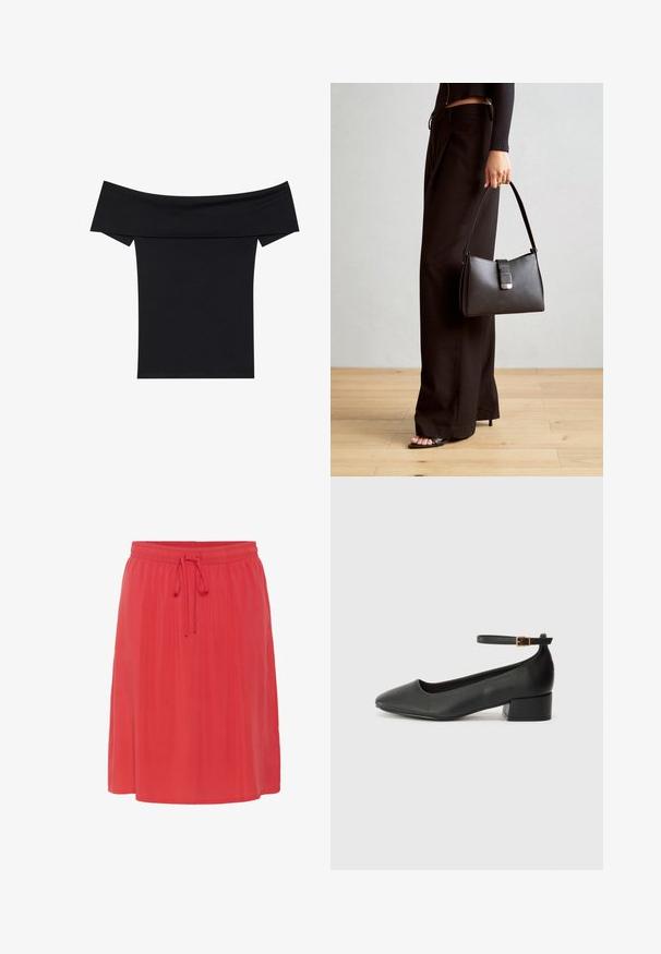 Top negru, fără umeri, fabricat dintr-un material elastic și moale. Are mâneci scurte și o siluetă ajustată. Design simplu, fără cusături.; Fustă de lungime până la genunchi, de culoare corai, cu o textură moale și fluidă. Prezintă un elastic în talie cu şnur, pentru un fit ajustabil.; Pantof cu toc negru din piele, cu vârf ascuțit și toc mic pătrat. Dispune de o curea la gleznă cu o cataramă în tonuri de aur. Textură netedă.; Genți negre cu o formă structurată, textură netedă și un închizător metalic. Asortată cu pantaloni negri largi și sandale cu vârf deschis pe un podea din lemn.