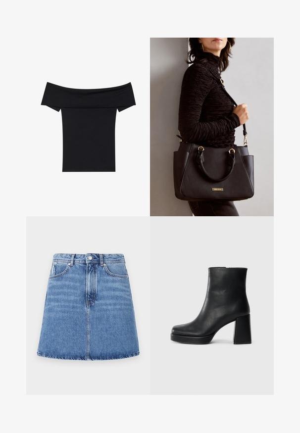 Black off-the-shoulder top made from soft stretch fabric. Features short sleeves and a fitted silhouette. Simple, seamless design.; Denim skirt with a flared A-line shape, light blue wash, two front pockets, and a button closure at the waistband. Stitching detail visible.; Black leather ankle boot with a block heel and platform sole, viewed from the side on a plain white background.; Black handbag with textured surface, dual top handles, and adjustable shoulder strap. Features gold-tone hardware and side pockets.