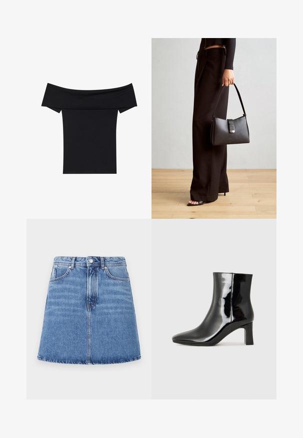 Fekete, vállnál szabott felső, puha, rugalmas anyagból készült. Rövid ujjakkal és fitted sziluettel rendelkezik. Egyszerű, varrás nélküli kialakítás.; Derékszabású, enyhén bővülő farmer szoknya, világoskék mosással, két elülső zsebbel és gombos záródással a deréknál. Látható varrási részletek.; Fekete lakk bőrcipő bokáig érő, hegyes orral és közepes magasságú tömbsarokkal. Simább textúrával és minimalista dizájnnal rendelkezik.; Fekete kézi táska strukturált formával, sima textúrával és fémből készült záródással. Széles fekete nadrággal és nyitott orrú szandállal párosítva, fából készült padlón.