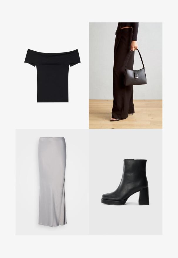 Crna majica bez ramena izrađena od mekanog rastezljivog materijala. Ima kratke rukave i prilagođen siluetu. Jednostavan, bezšavni dizajn.; Duga, elegantna srebrna suknja napravljena od glatkog, sjajnog materijala. Ima oblinu koja se čvrsto uklapa u tijelo i ravni kroj, bez dodatnih ukrasa.; Crna kožna čizma do gležnja s blok petom i platformom, prikazana s bočne strane na jednostavnoj bijeloj pozadini.; Crna torba s oblikom koji sadrži strukturu, glađu teksturu i metalnu kopču. Uparena s širokim crnim hlačama i sandalama na otvorenom s drvenog poda.