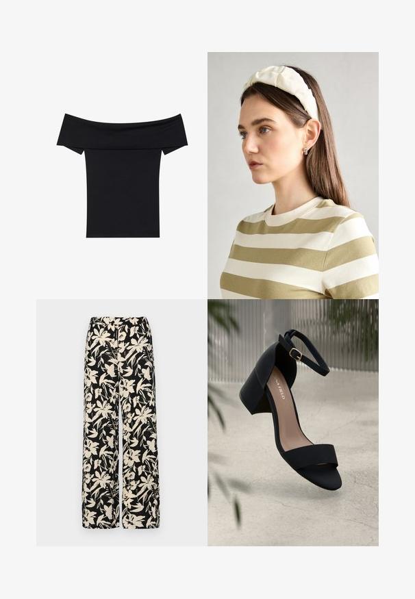 Fekete, vállnál szabott felső, puha, rugalmas anyagból készült. Rövid ujjakkal és fitted sziluettel rendelkezik. Egyszerű, varrás nélküli kialakítás.; Fekete, bő szárú nadrág krém színű virágmintával. Könnyű anyagból készült, sima tapintású és magas derékrésszel rendelkezik.; Fekete sarokszandál széles pánttal és bokapánttal, matt felülettel és tömbsarkal. A márka logója látható a talpbetéten.; Krém színű párnázott fejpánt csavaros kivitelezéssel, bézs és fehér csíkos pólóval párosítva, kerek nyakkivágással. Diszkrét ékszer kiegészítők.
