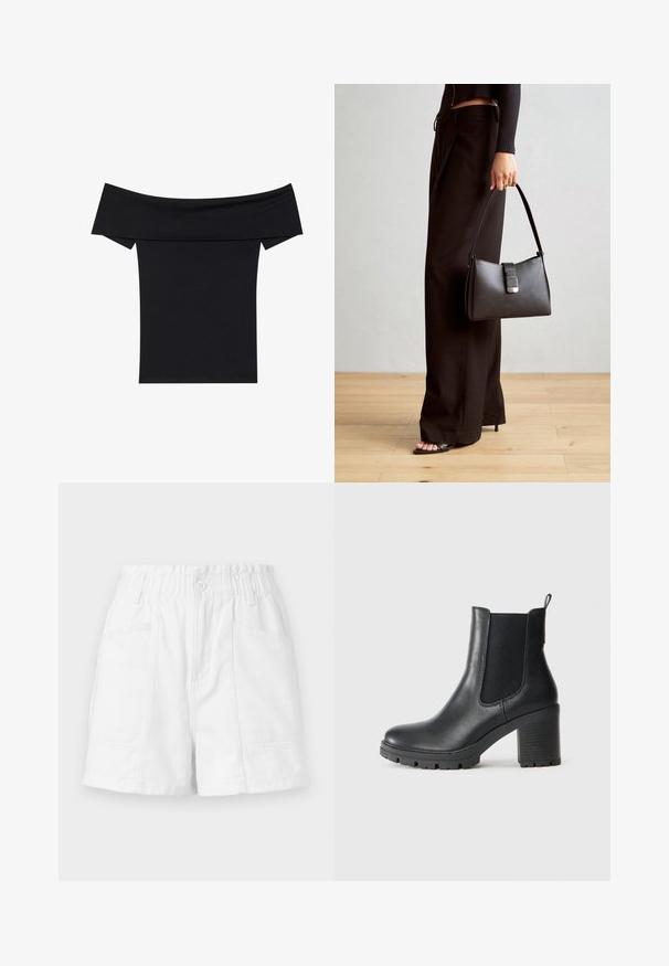 Crna majica bez ramena izrađena od mekanog rastezljivog materijala. Ima kratke rukave i prilagođen siluetu. Jednostavan, bezšavni dizajn.; Bijele pamučne kratke hlače s elastičnom strukom, s prednjim dugmetom, dva bočna džepa i jednostavnim, čistim dizajnom.; Crne kožne gležnjače s elastičnim bočnim panelima, masivnim gumenim potplatom i visokom blok petom. Imaju ručku na stražnjem dijelu.; Crna torba s oblikom koji sadrži strukturu, glađu teksturu i metalnu kopču. Uparena s širokim crnim hlačama i sandalama na otvorenom s drvenog poda.