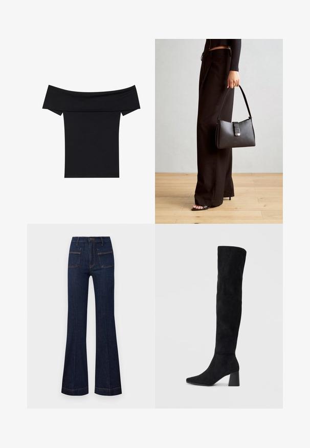 Črna bluza brez naramnic, izdelana iz mehkega raztegljivega materiala. Ima kratke rokave in prilegajočo silhueto. Preprost, brezšiven dizajn.; Temno modri zvonasti kavbojke z oblikovanim krojem, visokim pasom in kontrastnim oranžnim šivom. Vključena sta dva sprednja in dva zadnja žepa.; Črne semiš škornje do kolen z blok peto, s koničastim nosom in gladkim, brezšivnim dizajnom na enostavni svetli podlagi.; Črna torbica z strukturirano obliko, gladko teksturo in kovinskim zaponko. Ujemajo se z širokimi črnimi hlačami in odprtimi sandali na lesenem tleh.