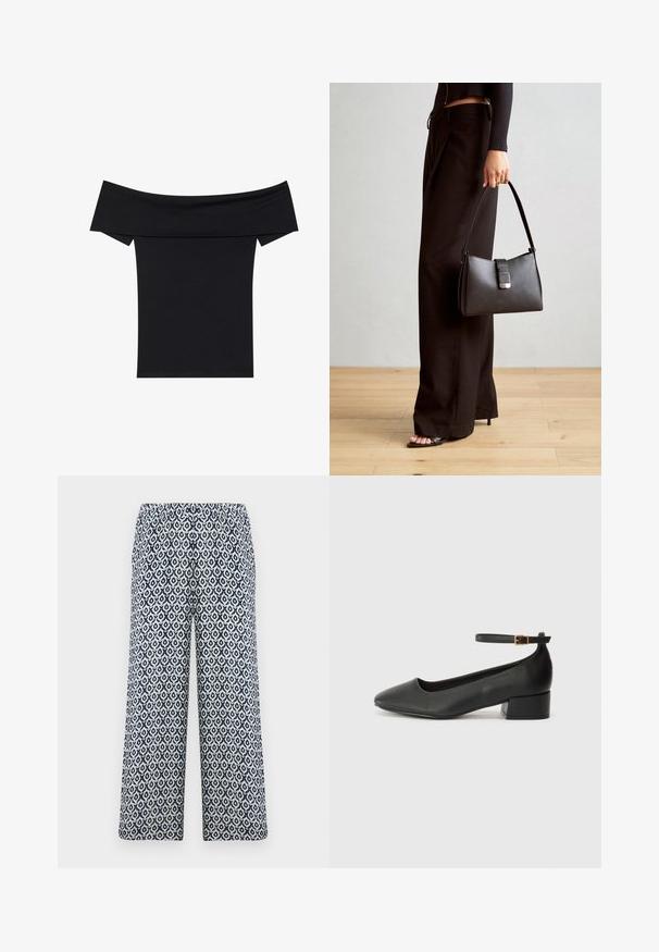 Črna bluza brez naramnic, izdelana iz mehkega raztegljivega materiala. Ima kratke rokave in prilegajočo silhueto. Preprost, brezšiven dizajn.; Tiskane hlače širokega kroja z elastičnim pasom. Imajo geometrični modro-beli vzorec na lahkem blagu.; Črne usnjene pumpice z nazobčanimi prsti in nizko blokasto peto. Imajo trak okoli gležnja z zaponko v zlatem tonu. Gladka tekstura.; Črna torbica z strukturirano obliko, gladko teksturo in kovinskim zaponko. Ujemajo se z širokimi črnimi hlačami in odprtimi sandali na lesenem tleh.