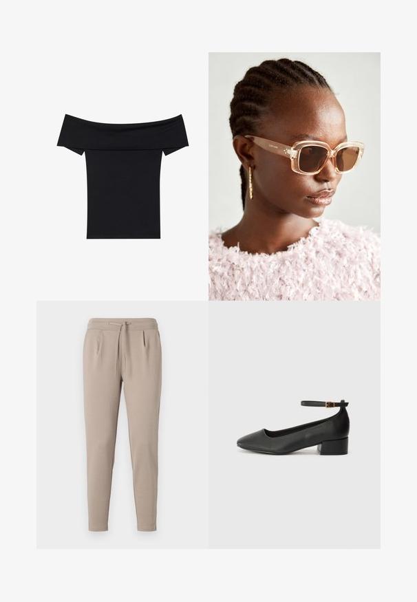 Melns topiņš bez pleciem, izgatavots no mīksta stiepjama materiāla. Iezīmēts ar īsām piedurknēm un pieguļošu siluetu. Vienkāršs, bezšuvju dizains.; Gaiši brūni sporta bikses, kas izgatavotas no mīksta auduma, ar elastīgu jostu un auklu, kā arī sānu kabatām. Šauras kāju formas dizains.; Melnas ādas sūkņi ar smailu purngalu un zemu bloku papēdi. Iezīmēts ar potītes siksniņu ar zelta krāsas sprādzi. Gluda tekstūra.; Beige pārspīlētas saulesbrilles ar caurspīdīgu rāmi un brūnām tonētām lēcām, ar smalkām ziedu akcentiem un izteiksmīgu ģeometrisku dizainu.