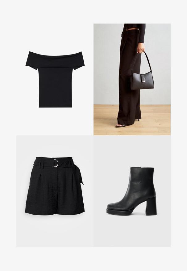 Top preto de ombros à mostra, feito de um tecido elástico e suave. Apresenta mangas curtas e uma silhueta ajustada. Design simples e sem costuras.; Calções pretos feitos de tecido texturizado, com um cinto de fivela circular prateada, pregas na frente e um corte ajustado.; Bota de couro preta até ao tornozelo com salto bloco e sola com plataforma, vista de lado sobre um fundo branco liso.; Bolsa preta com forma estruturada, textura suave e um fecho metálico. Combinada com calças largas pretas e sandálias de salto aberto sobre um chão de madeira.