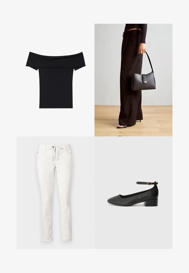 Top negro con escote off-the-shoulder, hecho de una suave tela elástica. Presenta mangas cortas y una silueta ajustada. Diseño simple y sin costuras.; Pantalones blancos de corte ajustado con cintura elástica, bolsillos frontales y textura suave. Aptos para un uso casual o entornos relajados.; Zapato de tacón negro de cuero con punta afilada y tacón bajo cuadrado. Presenta una correa para el tobillo con una hebilla en tono dorado. Textura suave.; Bolso negro con forma estructurada, textura suave y un cierre metálico. Combinado con pantalones anchos negros y sandalias de dedo en un suelo de madera.