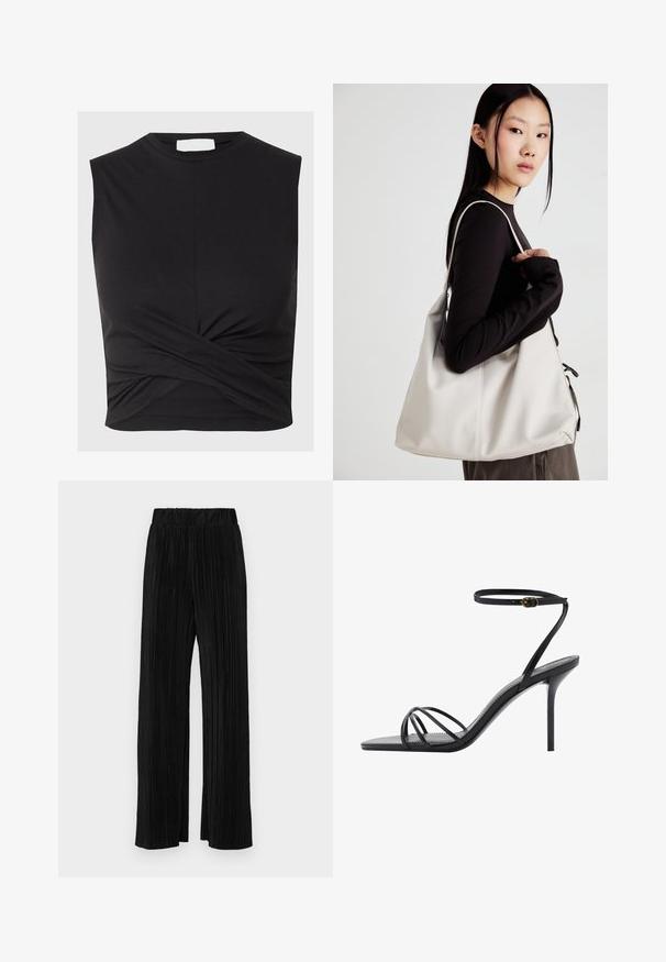 Black sleeveless top made of stretchy material, featuring a high neckline and twisted detail at the hem, providing a fitted silhouette.; Black pleated trousers with an elastic waistband. Features wide legs and a smooth, textured fabric with vertical stripes.; Black high-heeled sandal featuring a thin ankle strap, multiple crisscross straps over the foot, and a sleek square toe design.; Beige handbag made of soft material, featuring a slouchy design, stitched detailing, and two shoulder straps. Suitable for everyday use.
