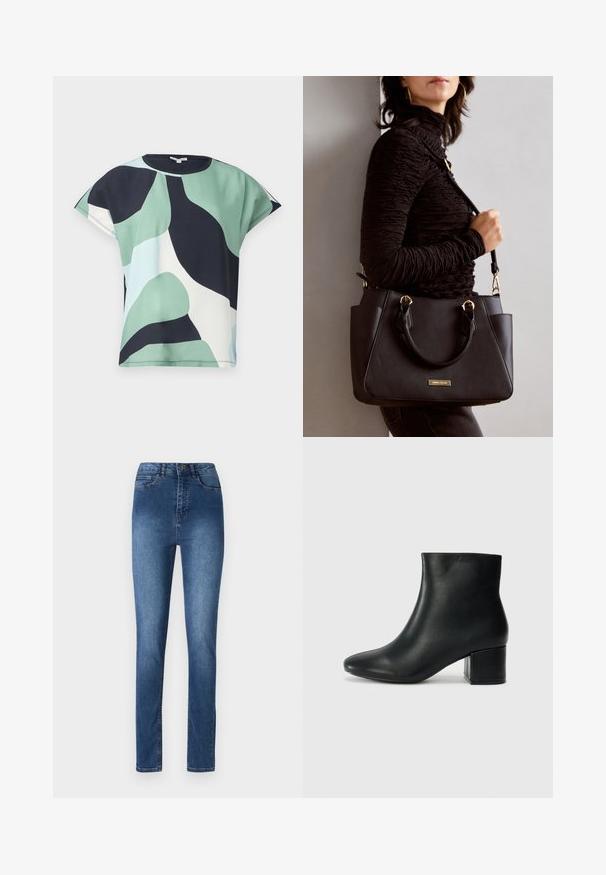 Kratka majica s kratkimi rokavi v zelenem, mornarsko modrem in belem abstraktnem vzorcu. Mehek material z udobnim krojem in zaobljenim izrezom, ki ima čist rob.; Modri denim kavbojke s ožjim krojem, z srednje visokim pasom, petimi žepi in diskretnimi šivi. Gladka tekstura in klasična zasnova.; Črne usnjene gležnjarje s koničastim nosom in debelim peto. Gladka tekstura z minimalnimi detajli in eleganten, prilegajoč dizajn.; Črna torbica z teksturirano površino, z dvema zgornjima ročajema in nastavljivim ramenskim pasom. Ima zlatovrateče dodatke in stranske žepe.