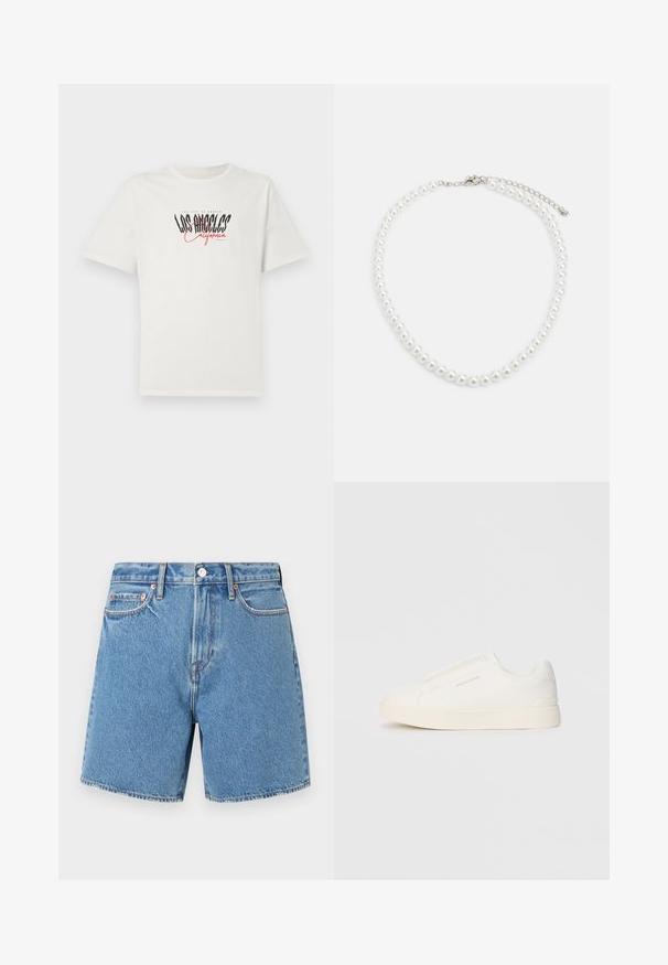 Balta kokvilnas T-krekls ar īsām piedurknēm un apaļu kakla izgriezumu. Satur melnu un sarkanu grafiku "Los Angeles California". Vienkāršs, brīvs griezums.; Gaiši zili džinsu šorti. Vienmērīgs audums ar piecām kabatām, pogu aizdare un smalks izšuvums gar šuvēm un kabatām.; Baltas slip-on sporta apavi ar teksturētu virsmu, biezu zoli un minimālistisku dizainu. Sānos redzams zīmola logotips.; Baltas pērļu kaklarota ar vienmērīgu apaļu formu, gludu virsmu un metāla aizdari ar pagarinājuma ķēdi regulējamai garumam.