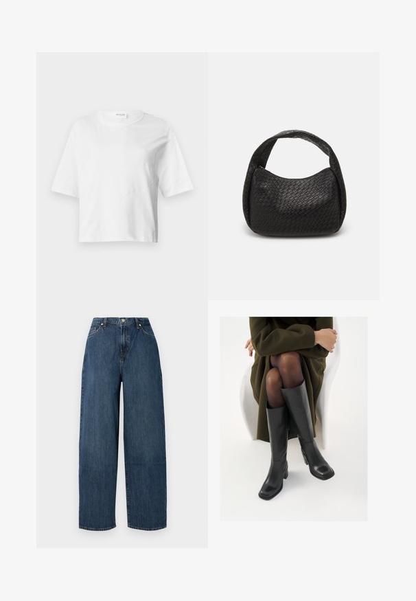 Tricou alb scurt dintr-un material moale, cu maneci scurte, guler rotund și detalii cu șanțuri pentru textură.; Jeans din denim cu picior larg, de culoare albastru închis. Fabricate din bumbac rezistent, cu o textură netedă. Prezintă închidere cu buton și un design clasic cu cinci buzunare.; Cizme din piele neagră, până la genunchi, cu vârf pătrat și toc bloc, prezentate pe un model așezat într-o haină verde măsline. Textură netedă, detalii minime.; Pieces PCSANNA BRAIDED SHOULDER BAG - Geantă de mână - black