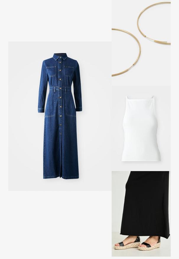 Balts ribota topiņš ar plānām siksnām, kam ir pieguļoša forma un gluda tekstūra. Audums izskatās elastīgs un nedaudz struktūrēts.; Denim maksi kleita ar garām piedurknēm, smailu apkakli, pogājamu priekšpusi, divām krūšu kabatām, sašaurinātu vidukli un sānu šķēlumiem ērtai kustībai.; Melni espadrillu stila sandales ar austo jutu platformu un teksturētām melnām siksnām, papildinātas ar metāla kniedēm papildu detaļām.; Zelta krāsas auskari gredzena formā, plāni un apaļi, ar gludu metāla apdari un bez rotājumiem vai zīmējumiem.