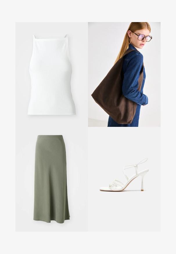 Biely rebrovaný top na tenké ramienka s priliehavým strihom a hladkou textúrou. Tkanina sa zdá byť elastická a jemne štruktúrovaná.; Olivovo zelená sukňa do dĺžky kolien vyrobená z mäkkej látky s hladkou textúrou a rozšíreným strihom, s bočným rozparkom pre voľnosť pohybu.; Biele sandále na vysokom podpätku so štíhlym remienkom okolo členku a plochou základňou na prsty, textúrovaný predok so zhluky akcentov.; Hnedá kožená taška s mäkkou textúrou, ktorá sa vyznačuje priestranným dizajnom a jedným popruhom. Nosená s modrou denimsovou bundou.; Zlaté kruhové náušnice, tenké a okrúhleho tvaru, s hladkým kovovým povrchom a bez ozdôb alebo vzorov.