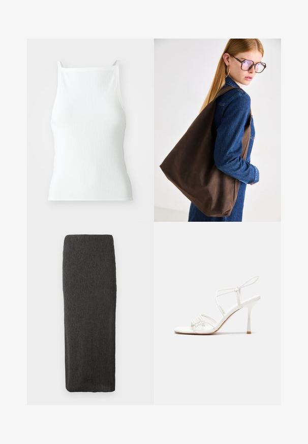 Witte geribde top met dunne bandjes, met een aansluitend ontwerp en een soepele textuur. De stof lijkt elastisch en licht gestructureerd.; Lang, recht zwart textuur rok met een hoge taille en een lichte tapsluiting richting de zoom op een witte achtergrond.; Witte strappy hoge hak sandaal met een platte tenenbasis, gestructureerde voorkant met geplooide accenten, en een slanke enkelband.; Bruine leren tote bag met een zachte textuur, met een ruime indeling en een enkele strap. Draag het met een blauwe spijkerjack.; Gouden oorringen, dun en rond van vorm, met een gladde metallic afwerking en zonder versieringen of patronen.