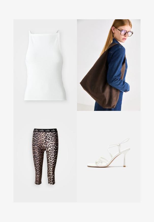 Hvid ribbet top med tynde stropper, der har et tætsiddende design og en glat tekstur. Stofmaterialet ser elastisk og let struktureret ud.; Afklippede leggings lavet af strækbart stof med et sort og guld leopardprint og et sort elastisk taljebånd.; Hvide strop sandaler med høj hæl, flad tåbase, tekstureret forside med sammensunkne detaljer og en smal ankelrem.; Brun læder tote taske med en blød tekstur, der har en rummelig design og en enkel skulderrem. Bruges med en blå denimjakke.; Guldfarvede hoops øreringe, tynde og runde i formen, med en glat metallisk finish uden udsmykninger eller mønstre.