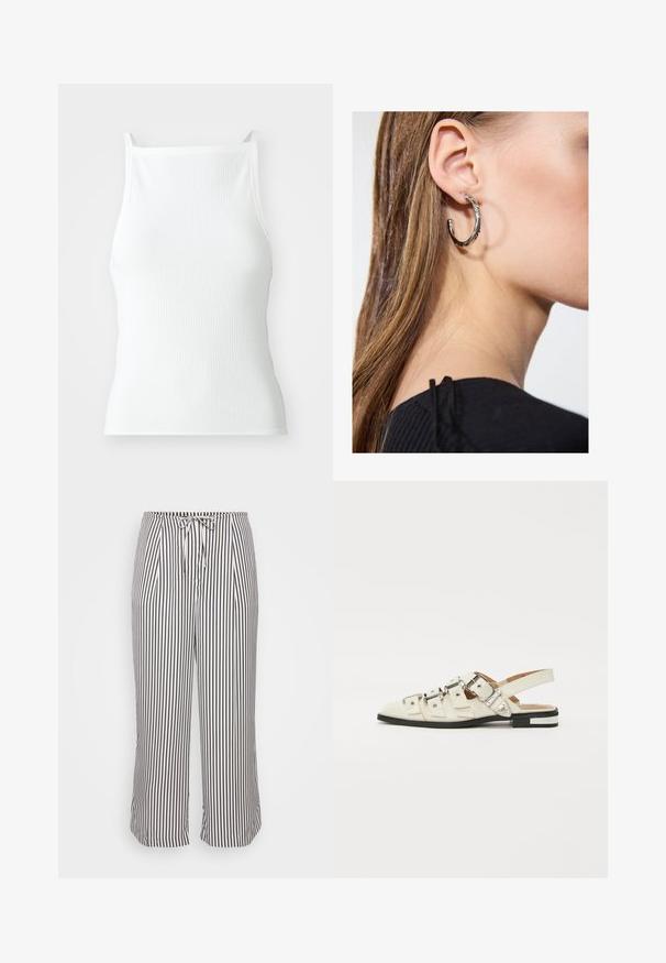 Hvit ribbestrikket tanktopp med tynne stropper, med en tettsittende design og glatt tekstur. Stoffet ser elastisk og lett strukturert ut.; Korte bukser med snor i midjen, med vertikale marineblå og hvite striper, vist mot en enkel hvit bakgrunn.; Hvite skinn slingback sandaler med flere brede stropper og sølvspenner; flat såle med en liten svart hæl og metalliske aksenter.; Sølv ringøredob med en polert finish, med små gull detaljer og en rund form, båret på øreflippen.