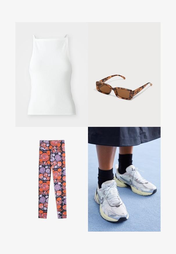 Bílý žebrovaný tílko s tenkými ramínky, které má přiléhavý střih a hladkou texturu. Látka se zdá být elastická a lehce strukturovaná.; Legíny s vysokým pasem, s odvážným květinovým vzorem v oranžové a fialové barvě na černém pozadí.; Bílé a stříbrné tenisky Nike z prodyšné tkaniny s reflexními akcenty a béžovou podrážkou. Nosené s černými ponožkami, stojící na modrém povrchu.; Kočičí brýle se želvovinovým vzorem, obdélníkové hnědé čočky, silný rám a úzké nožičky s různými odstíny hnědé.