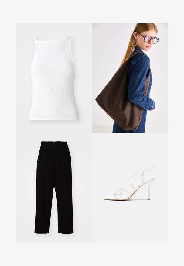 White ribbed tank top with thin straps, featuring a fitted design and smooth texture. The fabric appears elastic and lightly structured.; Black trousers made of sturdy cotton fabric. Features a straight-leg design, belt loops, a button closure, and a clean hem.; White strappy high-heeled sandal with a flat toe base, textured front with gathered accents, and a slim ankle strap.; Brown leather tote bag with a soft texture, featuring a spacious design and a single strap. Worn with a blue denim jacket.; Gold-colored hoop earrings, thin and round in shape, with a smooth metallic finish and no embellishments or patterns.