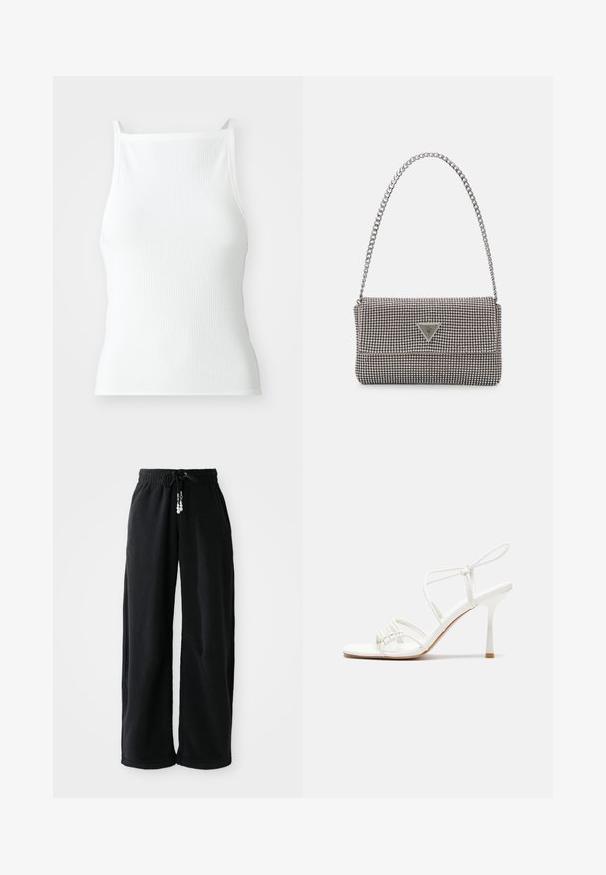 Top de alças finas, branco, com textura canelada, apresentando um design ajustado e suave. O tecido parece elástico e ligeiramente estruturado.; Calças de jogging pretas feitas de tecido suave, com cintura ajustável e corte largo. Sem padrões. Design simples com bainhas apertadas e bolsos laterais.; Sandália de salto alto branca com tiras, base plana nos dedos, frente texturizada com detalhes franzidos e uma tira fina para o tornozelo.; Bolsa metálica cinza claro com uma alça de corrente, adornada com pequenos rebites metálicos circulares e um logótipo triangular da marca.