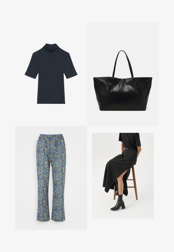 Temno modra kratka majica s Turtle neck ovratnikom, izdelana iz rebraste tkanine. Ima oprijet kroj in gladko teksturo.; Hlače z modrim cvetličnim vzorcem, izdelane iz lahkotnega materiala, z elastičnim pasom, ravnim krojem in zapletenimi detajli v modri, rjavi in beli barvi.; Črna lanena maxi krilo z visokim razporkom, oblečeno s črno majico in črnimi gležnjarji. Minimalističen dizajn z udobnim krojem.; Črna tkanina torba s trdnimi ročaji, ki ima sijočo teksturo in prostoren odprt zgornji dizajn.