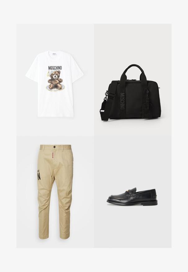 Bela bombažna majica z grafiko rjavega medveda na krožniku, ki nosi modro in zlato skledo. Besedilo "Moschino" nad dizajnom.; Bež hlače iz bombaža z ravnim krojem, spredaj na gumb, in potiščan črn logo "N" na levi nogi.; Črne usnjene loafersice imajo zaokrožen nosek, šivano detajliranje in majhen zlat akcent na sprednji strani. Podplat je raven in diskreten.; Črna tekstilna torba z dvema ročajema in snemljivim naramnim trakom. Ima izbočeno logo in usnjeno oznako. Gladka tekstura, pravokotna oblika.