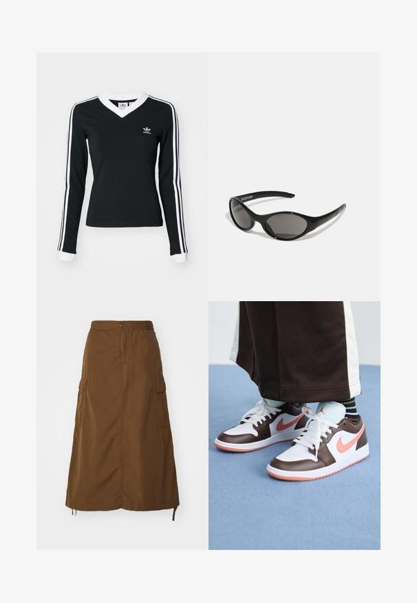 Black long-sleeve shirt with a V-neck, white collar, and three white stripes on each sleeve. Features an Adidas logo on the chest.; Brown, ankle-length skirt made of durable fabric. Features an elastic waistband, button closure, and side cargo pockets. Smooth texture.; White and brown Nike Air Jordan sneakers with pink accents, featuring a low-top design, white laces, and a textured rubber sole.; Black sunglasses with an oval shape and dark lenses. Sleek plastic frame with textured accents on the arms. Branding on the side.
