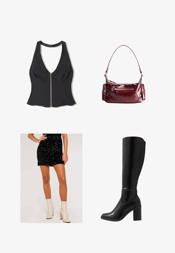Zwarte haltertop van stof met een diepe V-hals, met een rits aan de voorkant en een gegolfde onderrand. Geen patronen of accenten.; Zwarte pailletten minirok, strakke pasvorm, met een gladde textuur. Gecombineerd met crèmekleurige enkelboots met een ritssluiting en blokhak.; Knee-high zwarte glanzende haklaarzen met een ronde neus, een gladde textuur, zijuitsnijding en een chunky gestapelde hak.; Glanzende donkerrode leren schoudertas met een voorzak met rits en twee kleine zijkompartimenten met rits.