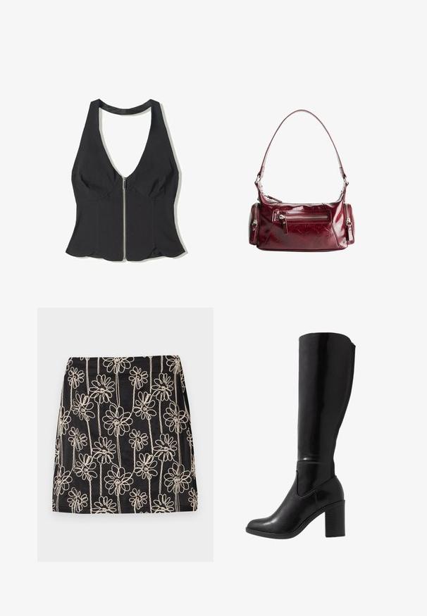 Haut halter noir en tissu avec un décolleté en V profond, doté d'une fermeture éclair à l'avant et d'un ourlet festonné en bas. Sans motifs ni accents.; Jupe noire ornée de broderies florales blanches avec des motifs en boucle. Texture lisse et forme ajustée, avec des détails de couture visibles.; Bottes noires à talons vernies hauteur genou, avec un bout arrondi, une texture lisse, un détail de découpe sur le côté et un talon empilé chunky.; Sac à épaule en cuir verni rouge foncé avec une poche avant zippée et deux petits compartiments latéraux zippés.