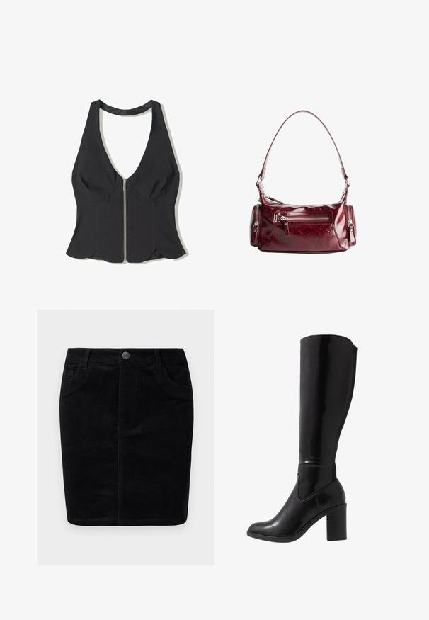 Czarny top na halter z materiału z głębokim dekoltem w kształcie litery V, z zamkiem błyskawicznym z przodu i falbaniastym dołem. Brak wzorów lub akcentów.; Czarna spódnica z korduroju o prostym kroju, z zapięciem na guziki, przednimi kieszeniami, prążkowaną fakturą i matowym wykończeniem.; Czarne, błyszczące, chociaż sięgające do kolan, buty na obcasie z okrągłym noskiem, gładką teksturą, szczegółem z wycięciem po stronie i grubo podłożonym obcasem.; Błyszcząca, ciemnoczerwona skórzana torebka na ramię z przednią kieszenią na zamek błyskawiczny i dwoma małymi bocznymi kieszeniami na zamek.