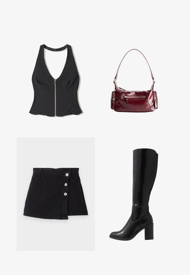 Crna halter majica izrađena od tkanine s dubokim V-izrezom, s prednjim zatvaračem i oštrim rubom na dnu. Bez uzoraka ili ukrasa.; Crna traper suknja s visokim strukom, s omotom dizajnom, pet srebrnih dugmadi s jedne strane i dva bočna džepa. Glatka tekstura.; Crne čizme sa visokom potkoljenicom, sjajne, s potpeticom, okruglim prstom, glatkom teksturom, bočnim izrezom i debelim složenim potpeticama.; Sjajna tamnocrvena kožna torba za rame s prednjim zatvaračem i dva mala bočna odjeljka sa zatvaračem.