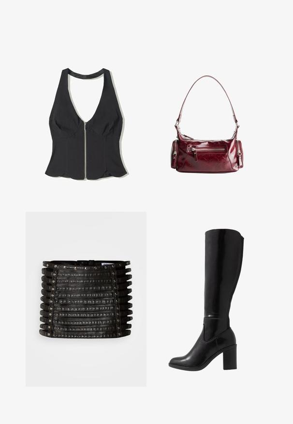 Zwarte haltertop van stof met een diepe V-hals, met een rits aan de voorkant en een gegolfde onderrand. Geen patronen of accenten.; Zwarte leren minirok met horizontale riemdetails en zilveren studs langs de bovenrand en verticale zijden.; Knee-high zwarte glanzende haklaarzen met een ronde neus, een gladde textuur, zijuitsnijding en een chunky gestapelde hak.; Glanzende donkerrode leren schoudertas met een voorzak met rits en twee kleine zijkompartimenten met rits.