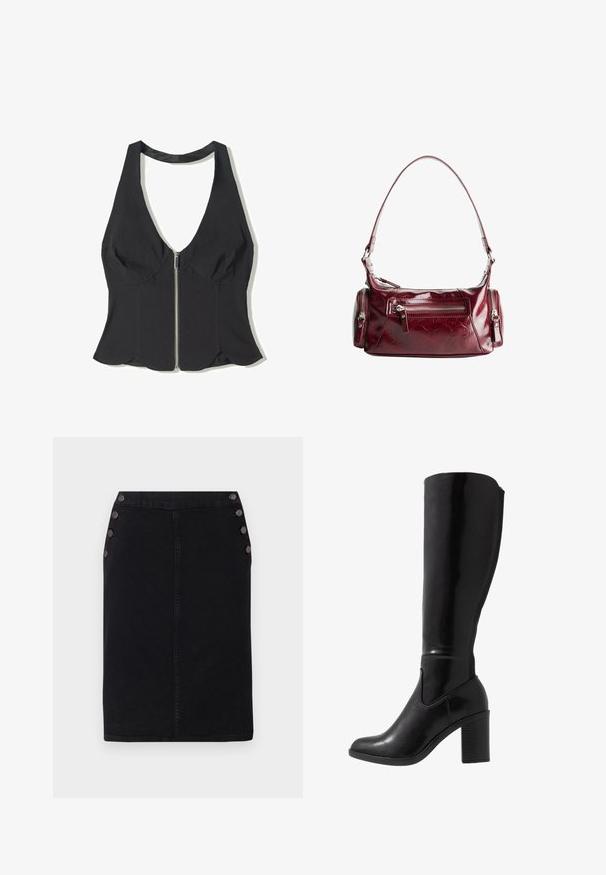 Čierny halter top z látky s hlbokým V-výstrihom, ktorý má predný zips a volánový lem na spodnej časti. Bez vzorov alebo akcentov.; Čierna denimová ceruzková sukňa s rovnou siluetou, ktorá má veľké dekoračné gombíky na ľavej strane a detail predného švu.; Čierne lesklé čižmy s vysokým podpätkom s okrúhlou špičkou, hladkou textúrou, bočným výrezom a robustným zloženým podpätkom.; Lesklá tmavočervená kožená taška na plece s predným zipsovým vreckom a dvoma malými bočnými zipsovými priehradkami.