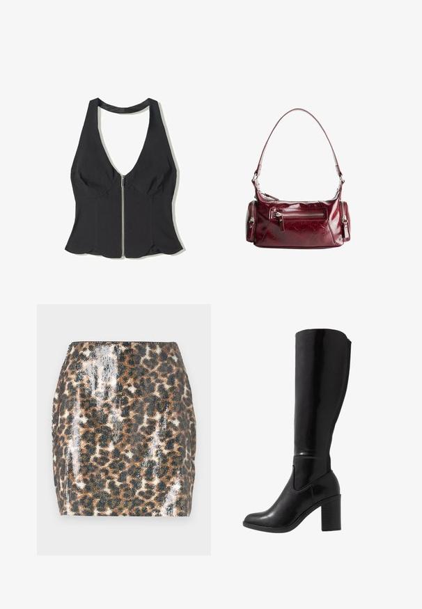 Černý halter top vyrobený z látky s hlubokým výstřihem do V, se zipem v přední části a vlnitým lemem na dně. Žádné vzory ani akcenty.; Mini sukně s leopardím potiskem, zdobená flitry, s přiléhavým střihem, v hnědé a černé barvě a s rovnými lemy.; Černé lesklé vysoké kozačky na podpatku do poloviny lýtek s kulatou špičkou, hladkým povrchem, bočním výřezem a robustním sloupkovým podpatkem.; Lesklá tmavě červená kožená kabelka na rameno s přední kapsou na zip a dvěma malými postranními kapsami na zip.