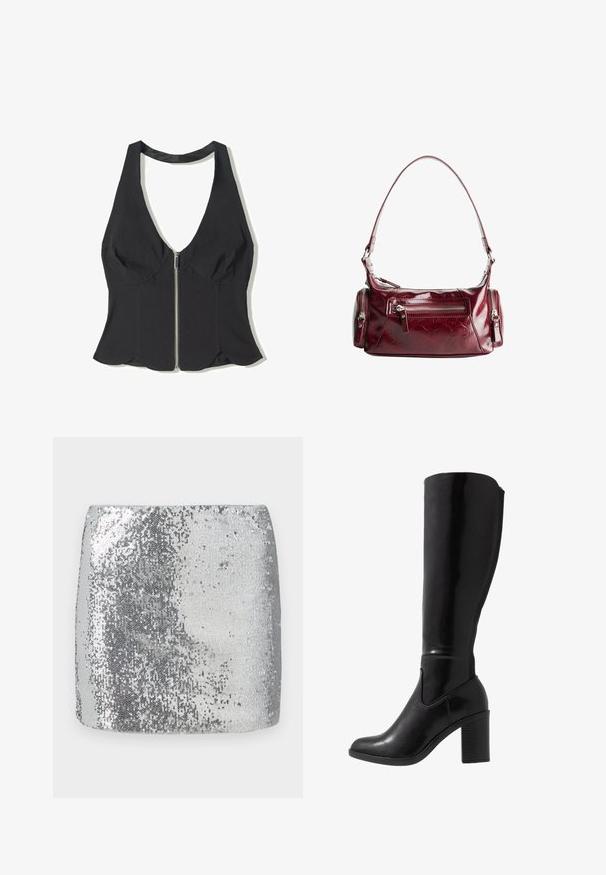 Černý halter top vyrobený z látky s hlubokým výstřihem do V, se zipem v přední části a vlnitým lemem na dně. Žádné vzory ani akcenty.; Stříbrná flitrová mini sukně s dobře padnoucím střihem a hladkou texturou, odrážející světlo na svém povrchu pro lesklý vzhled.; Černé lesklé vysoké kozačky na podpatku do poloviny lýtek s kulatou špičkou, hladkým povrchem, bočním výřezem a robustním sloupkovým podpatkem.; Lesklá tmavě červená kožená kabelka na rameno s přední kapsou na zip a dvěma malými postranními kapsami na zip.