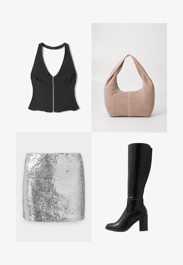 Sort halterneck top lavet af stof med en dyb V-udskæring, der har en lynlås foran og en scallop-kant i bunden. Ingen mønstre eller detaljer.; Sølvglitrende mininederdel med en tætsiddende pasform og glat tekstur, der reflekterer lys over dens overflade for et skinnende udseende.; Knæhøje sorte glansede støvler med hæl, rund tå, glat overflade, detalje med udskæring på siden og en chunky stablet hæl.; Hobo taske lavet af blødt, suede materiale i en lys beige farve. Har en rund form med en bred rem og lynlås lukning.
