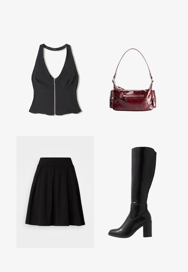 Fekete, mély V-nyakú, anyagból készült nyakpántos top, elöl cipzárral és fodros szegéllyel az alján. Nincsenek minták vagy díszítések.; Fekete, pliszírozott szoknya puha anyagból, magas derékkal és eltérő A-vonalú kialakítással, különféle alkalmakra alkalmas.; Térd fölé érő, fekete, fényes, sarkú csizmák, lekerekített orral, sima textúrával, oldalsó kivágással és vastag, rétegelt sarokkal.; Fényes sötétvörös bőr válltáska, elülső cipzáras zsebbel és két kis cipzáras oldalzsebbel.