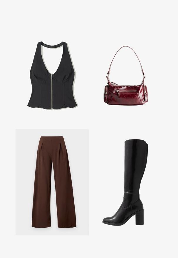 Fekete, mély V-nyakú, anyagból készült nyakpántos top, elöl cipzárral és fodros szegéllyel az alján. Nincsenek minták vagy díszítések.; Sötétbarna széles lábú nadrág, magas derékkal, elülső redőkkel és sima textúrával. Különböző alkalmakra is alkalmas.; Térd fölé érő, fekete, fényes, sarkú csizmák, lekerekített orral, sima textúrával, oldalsó kivágással és vastag, rétegelt sarokkal.; Fényes sötétvörös bőr válltáska, elülső cipzáras zsebbel és két kis cipzáras oldalzsebbel.